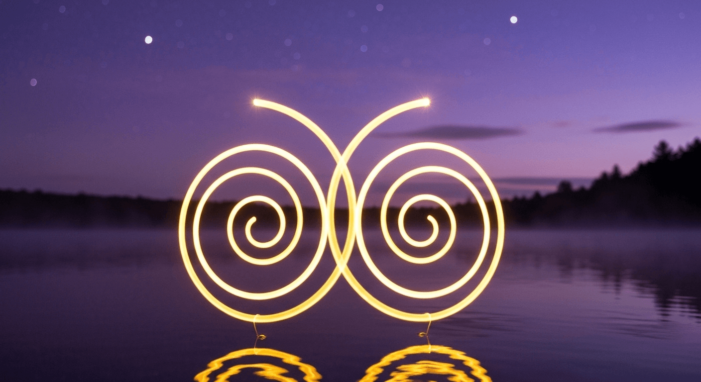 Golden spirals intertwining above tranquil lake surface. Golden spirals intertwining above tranquil lake surface.