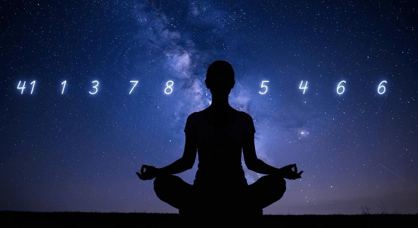 Person meditating under starlit sky with glowing numbers. Person meditating under starlit sky with glowing numbers.