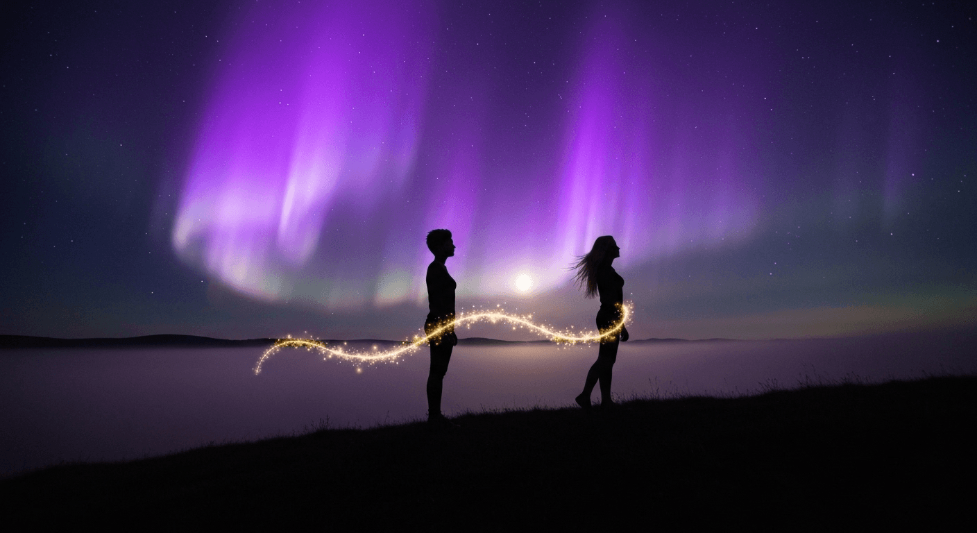 Twin silhouettes connected by golden energy thread. Twin silhouettes connected by golden energy thread.