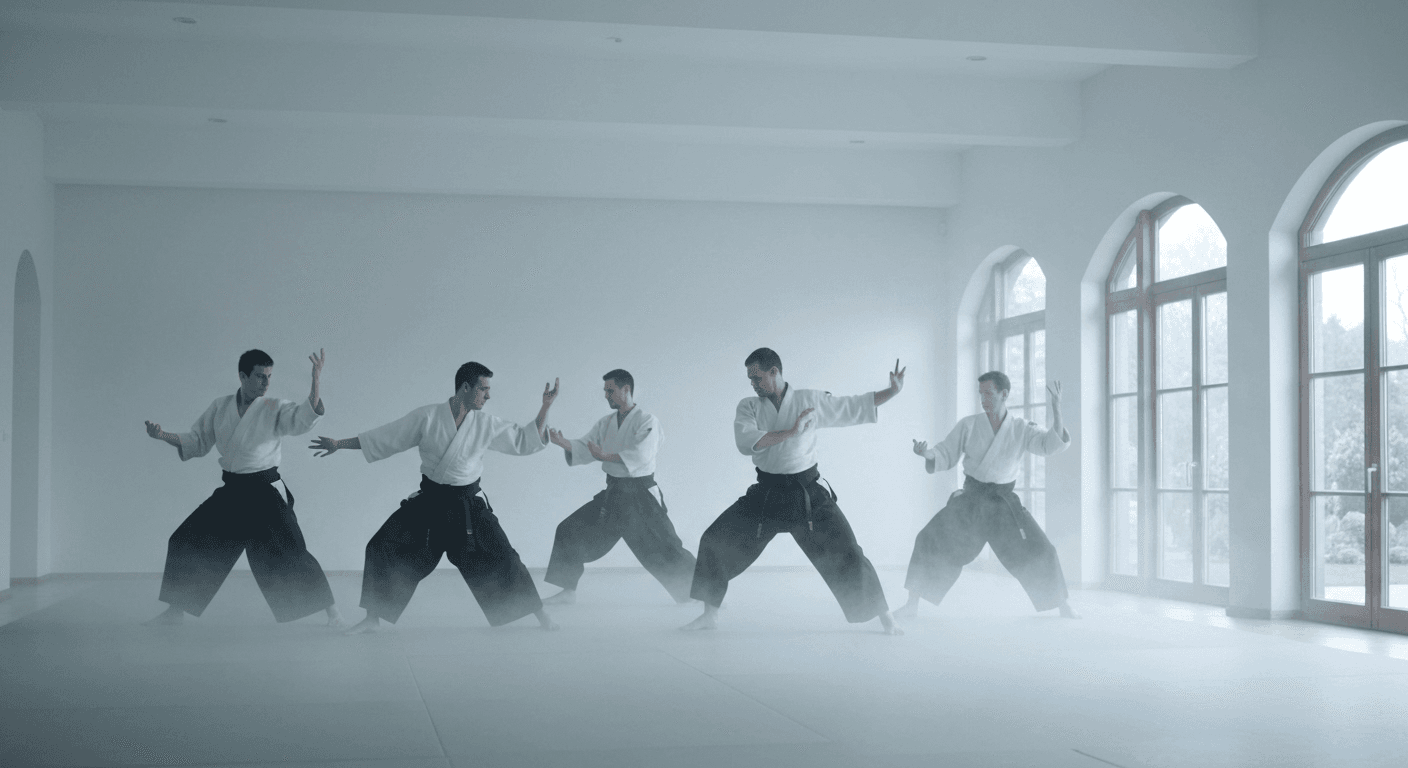 Martial artist practicing aikido in misty dojo. Martial artist practicing aikido in misty dojo.