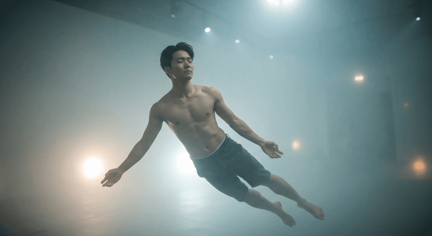 Person floating peacefully in glowing dreamlike space. Person floating peacefully in glowing dreamlike space.