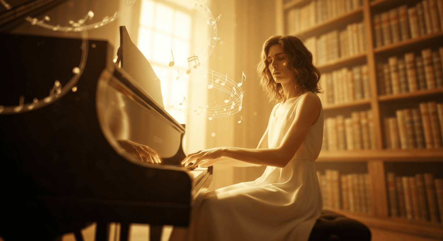 Person playing glowing piano with floating notes. Person playing glowing piano with floating notes.