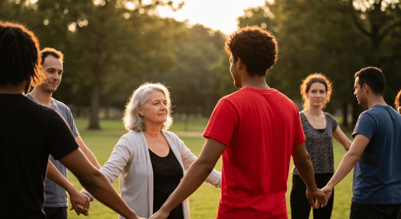 Diverse people holding hands in sunlit park. Diverse people holding hands in sunlit park.