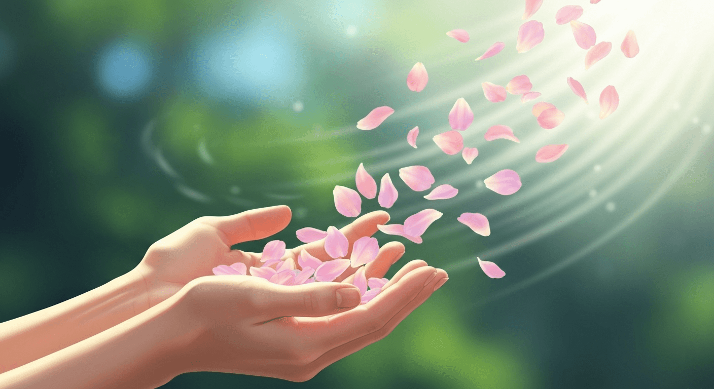 Hands releasing flower petals into gentle breeze. Hands releasing flower petals into gentle breeze.