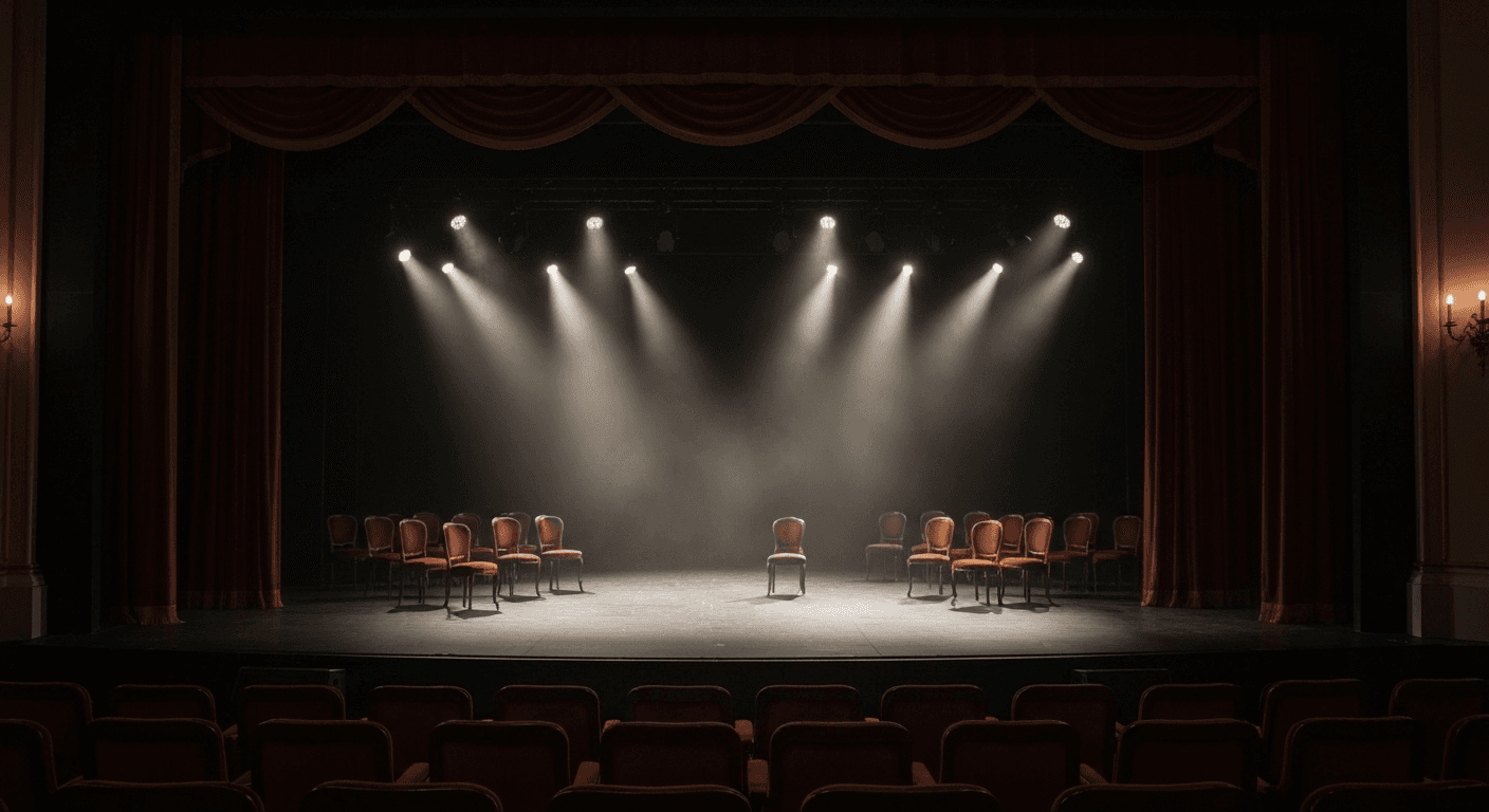 Empty theater chairs under warm spotlights. Empty theater chairs under warm spotlights.