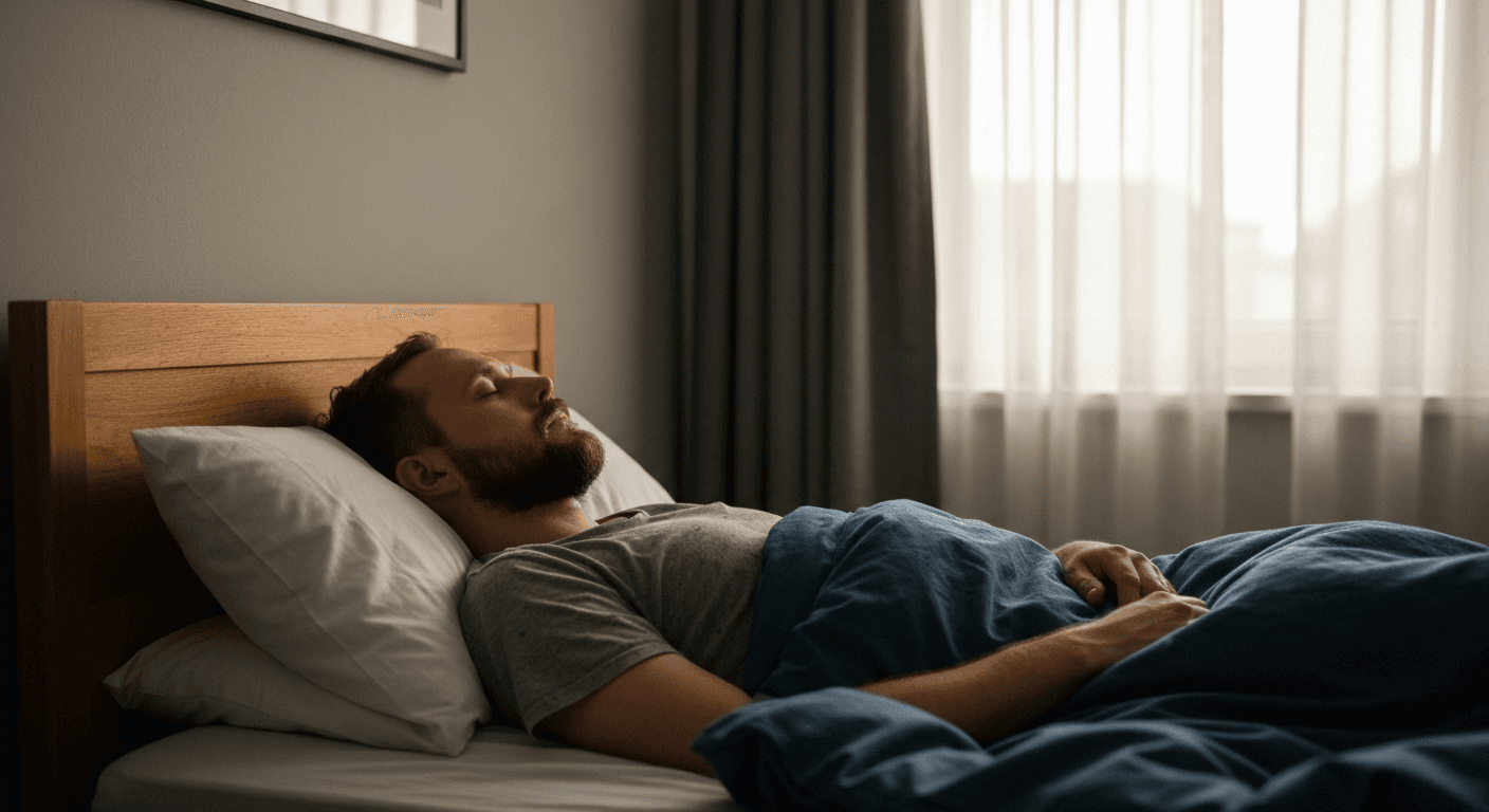 Person sleeping peacefully in bed at dawn. Person sleeping peacefully in bed at dawn.