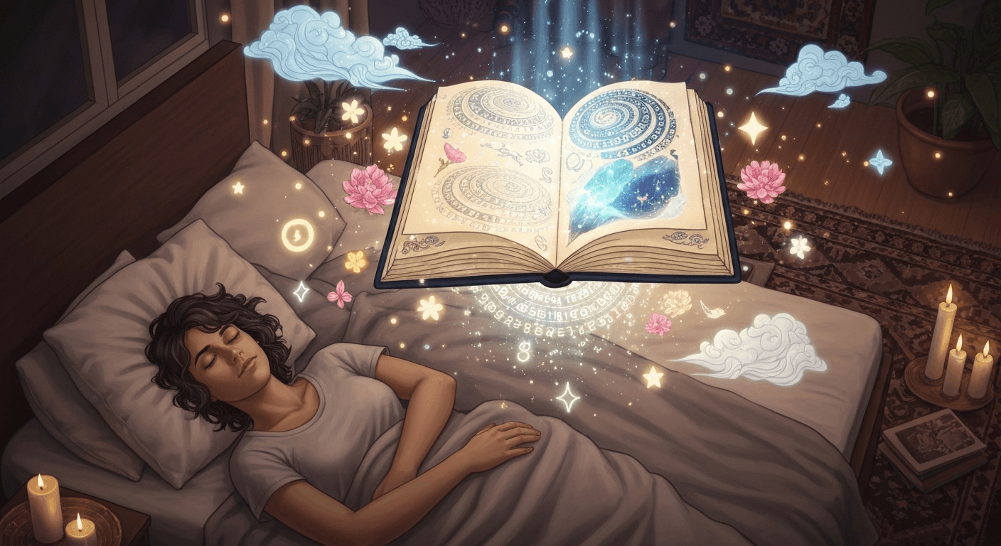 Person sleeping with glowing dream journal floating above. Person sleeping with glowing dream journal floating above.