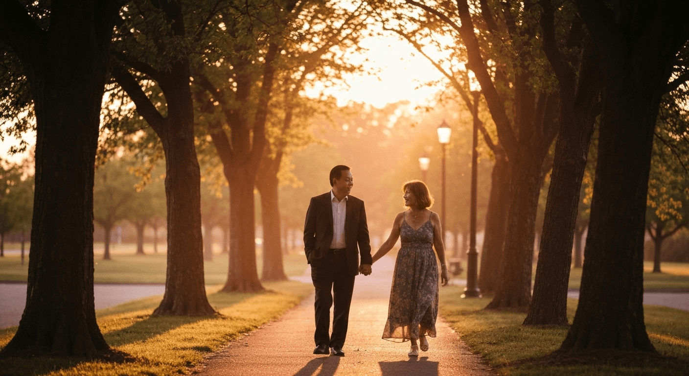 Couple walking tree-lined path during golden hour. Couple walking tree-lined path during golden hour.