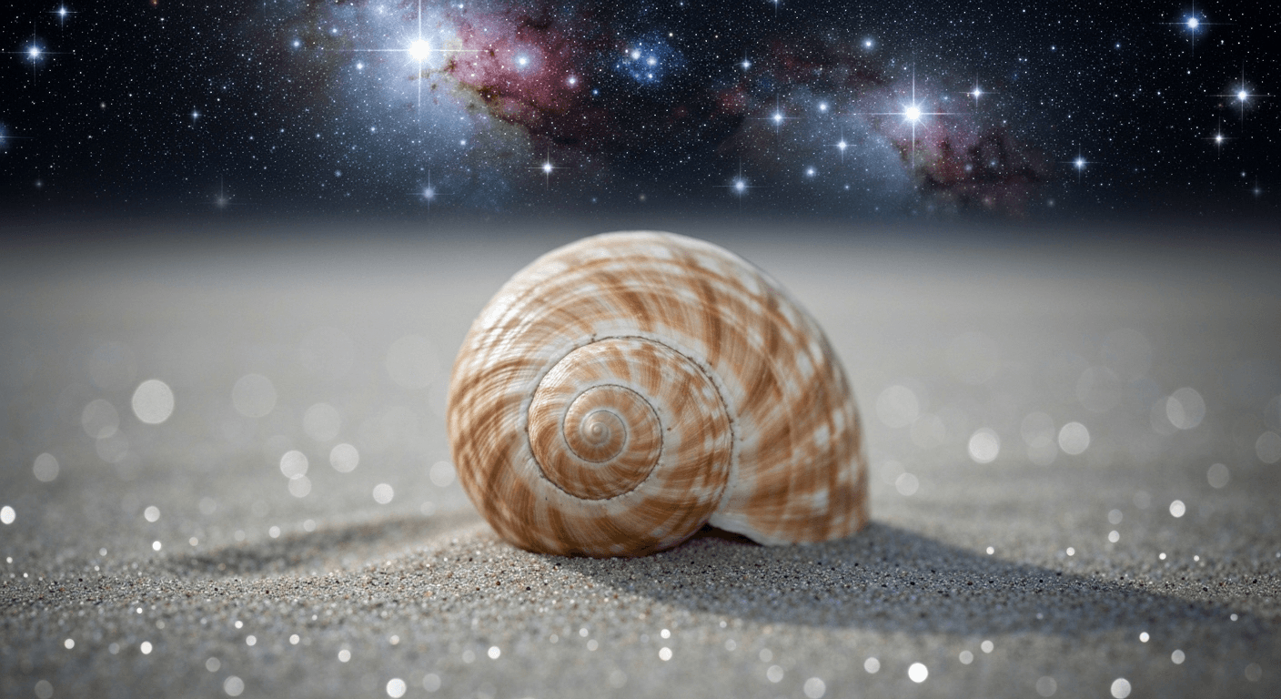 Fibonacci spiral shell on moonlit beach sand Fibonacci spiral shell on moonlit beach sand
