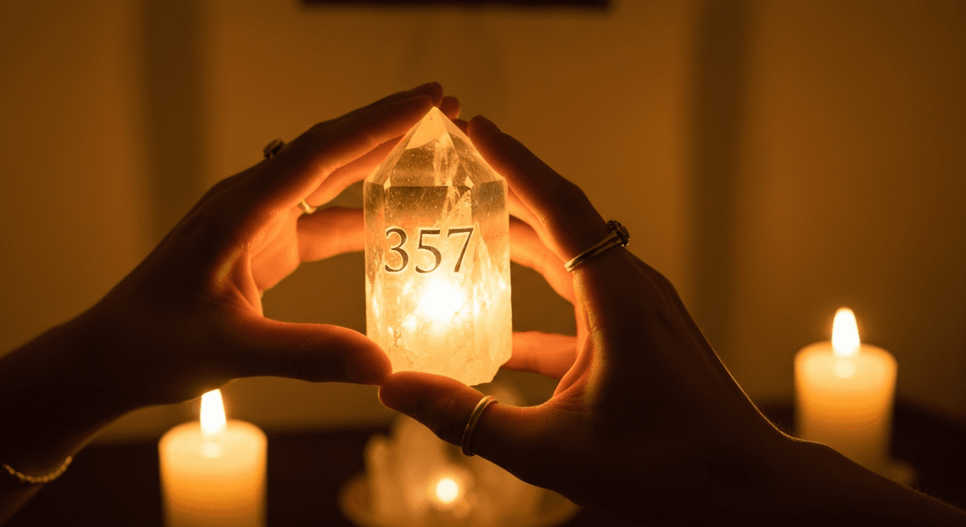 Hands holding glowing crystal displaying 357 sequence. Hands holding glowing crystal displaying 357 sequence.