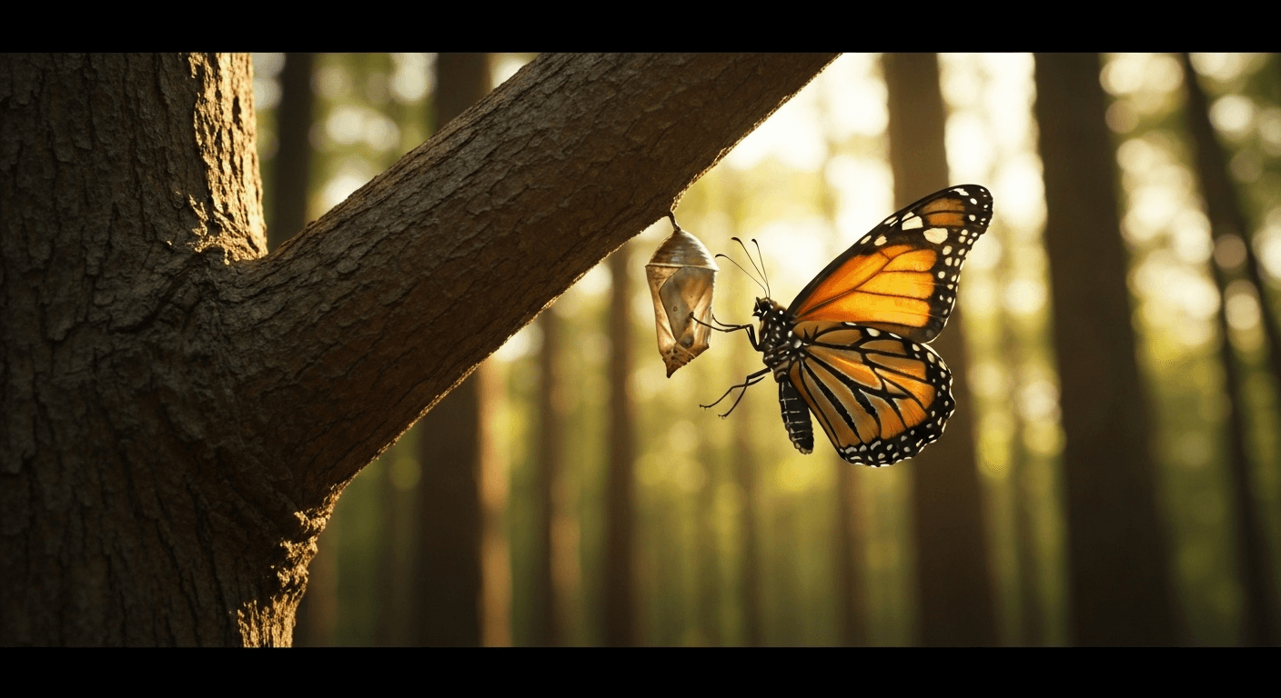 Monarch butterfly emerging from chrysalis on branch. Monarch butterfly emerging from chrysalis on branch.