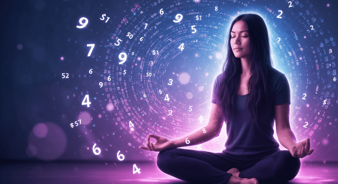 Person meditating surrounded by floating numbers symbols. Person meditating surrounded by floating numbers symbols.
