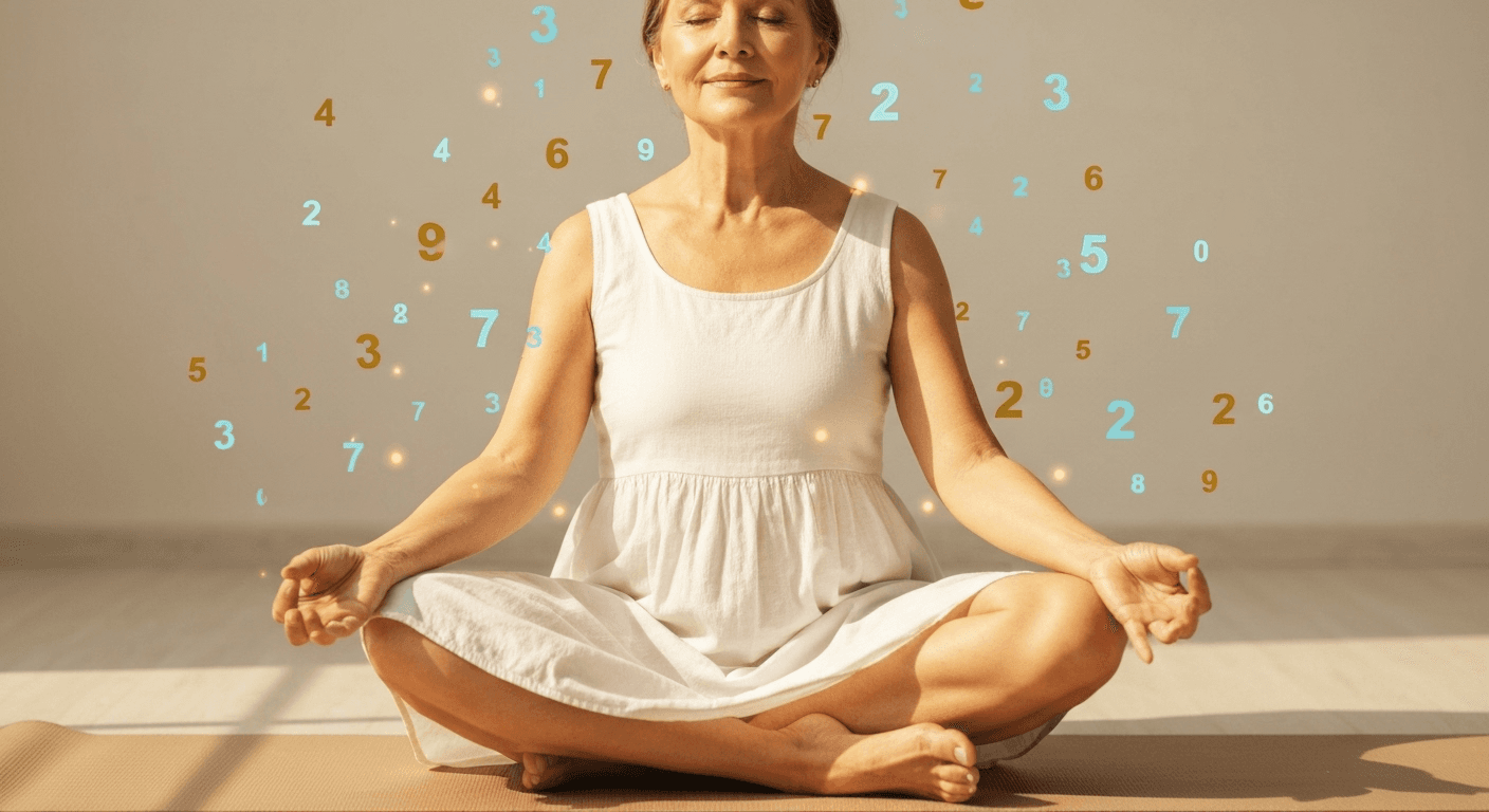 Woman meditating with golden light, floating numbers. Woman meditating with golden light, floating numbers.
