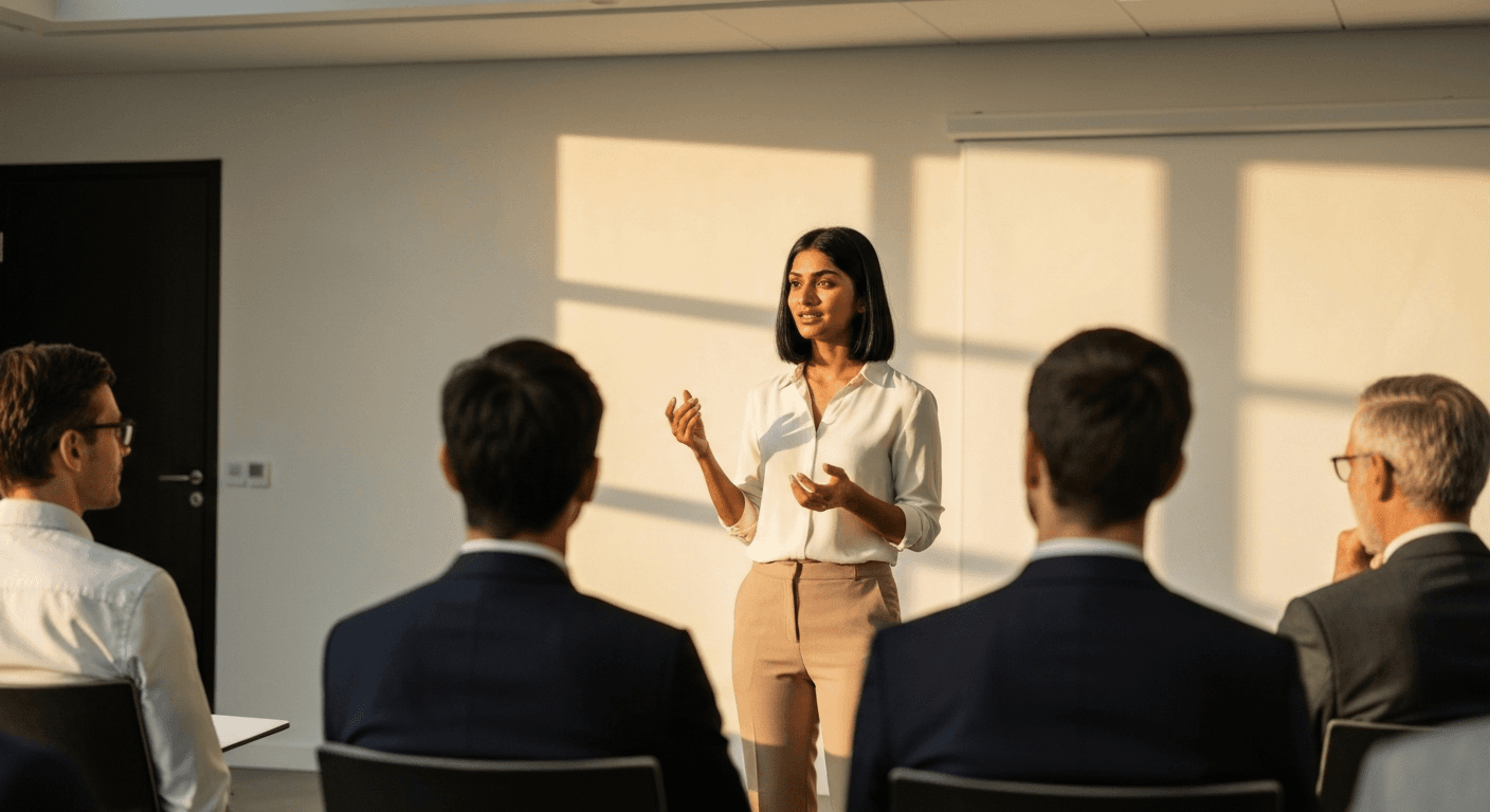 Woman presenting pricing strategies in bright seminar room. Woman presenting pricing strategies in bright seminar room.