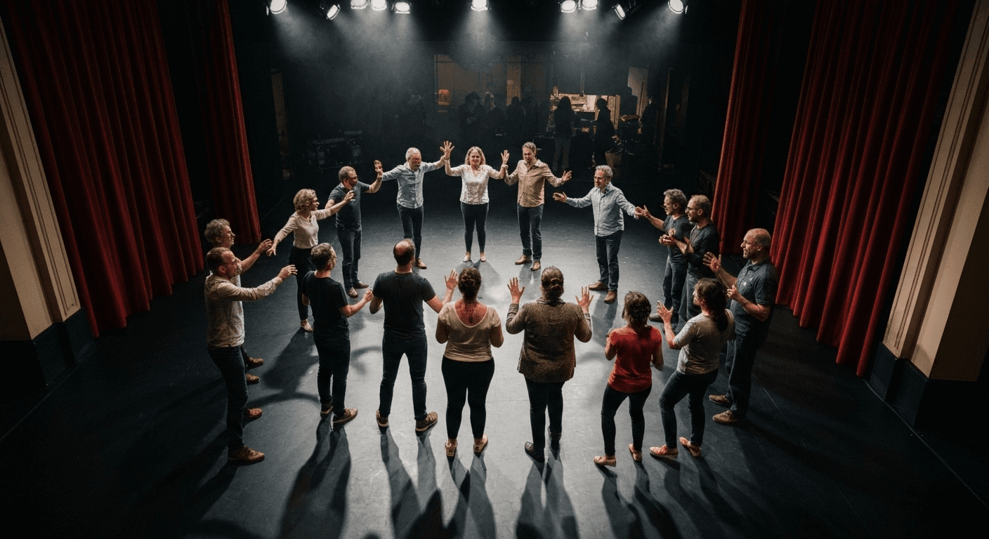 Aerial view actors rehearsing in circle formation. Aerial view actors rehearsing in circle formation.