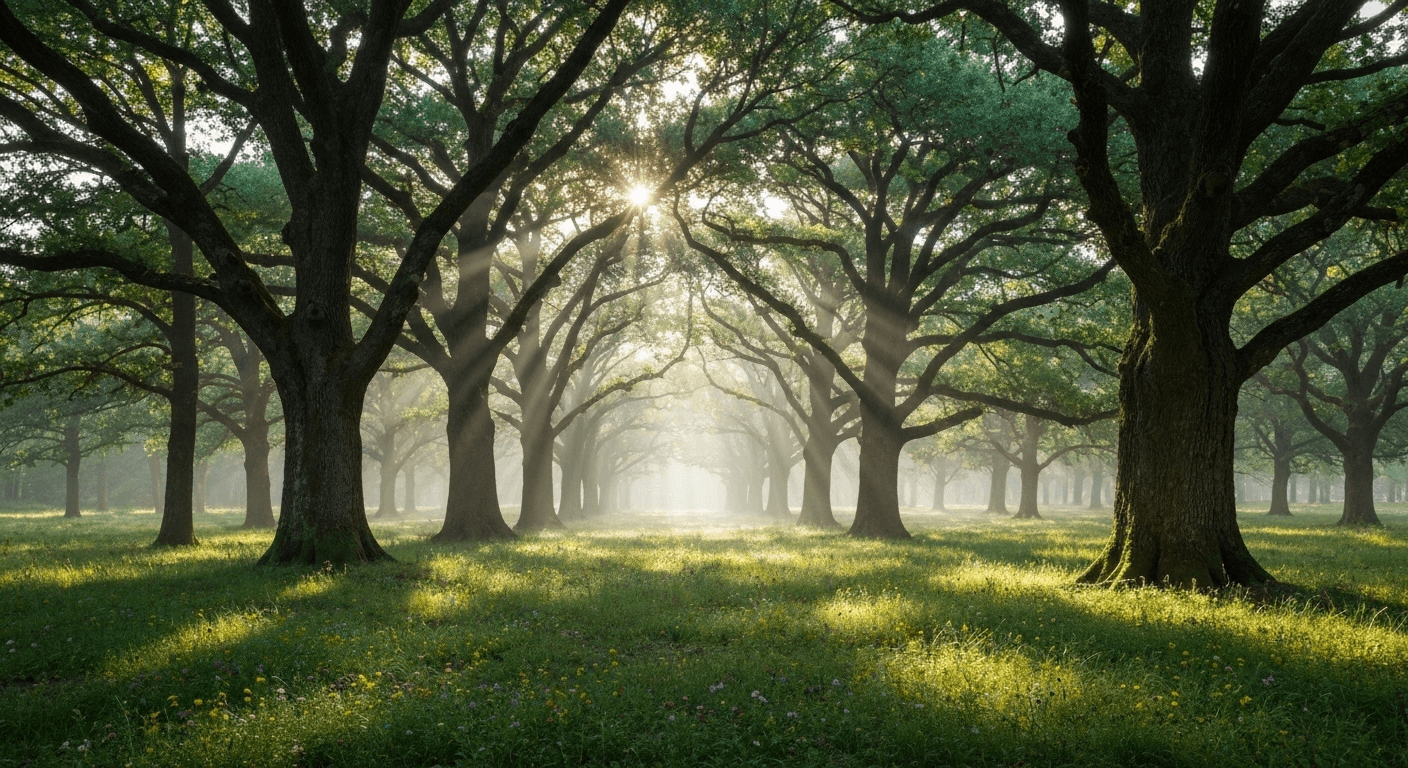 Ancient oak trees with dappled sunlight filtering. Ancient oak trees with dappled sunlight filtering.