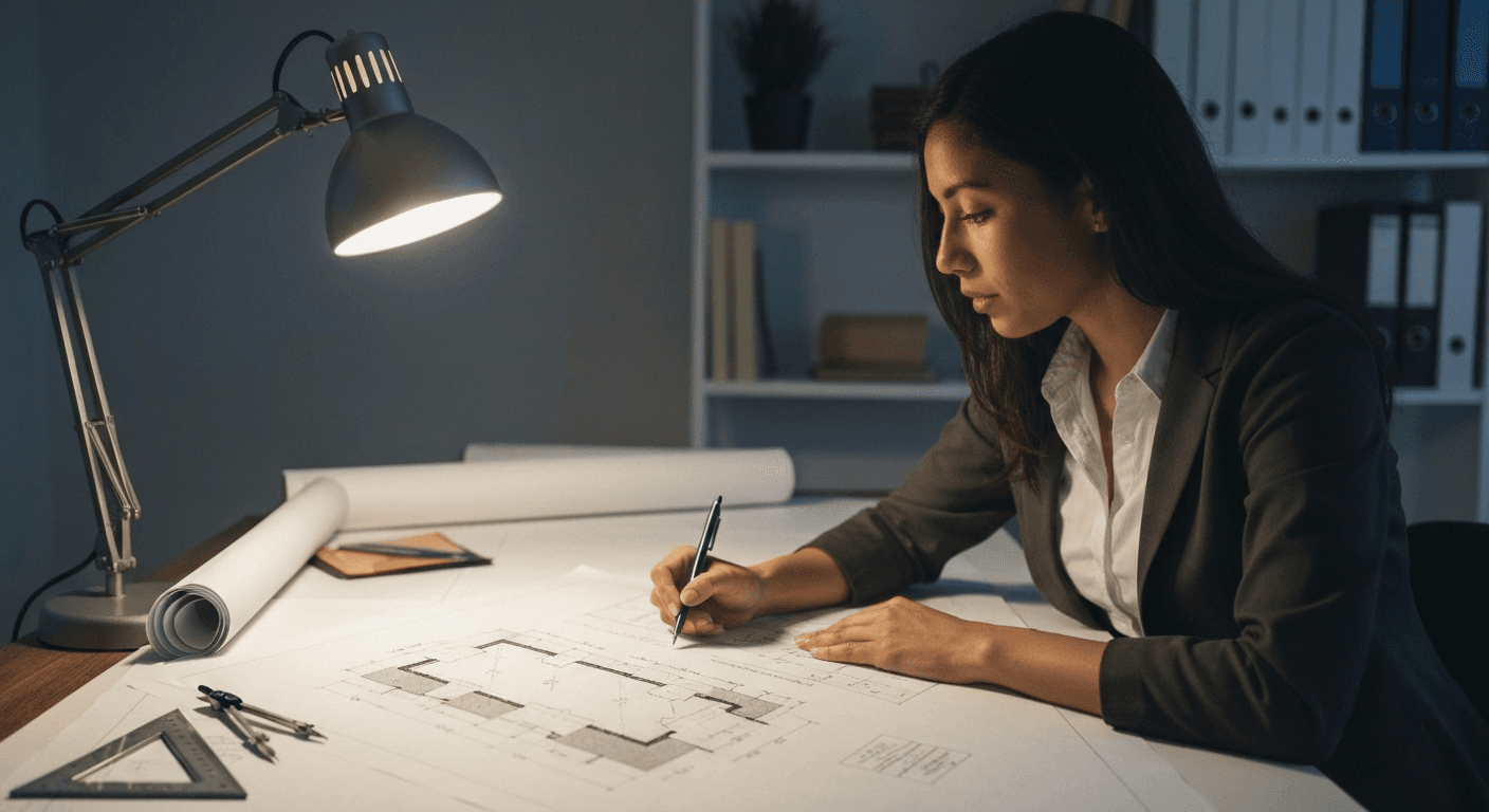 Architect's drafting table with blueprints and tools. Architect's drafting table with blueprints and tools.