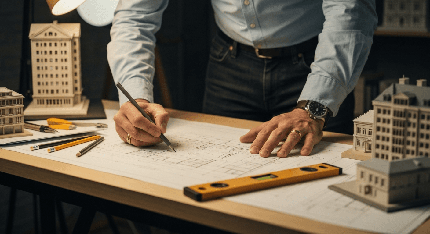 Architect's hands drawing blueprints with construction tools. Architect's hands drawing blueprints with construction tools.