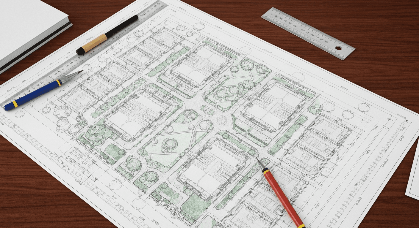 Architectural blueprint on wooden desk with tools. Architectural blueprint on wooden desk with tools.