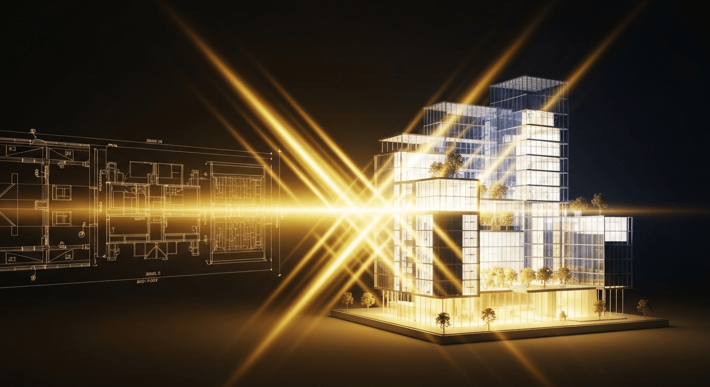 Blueprint transforms into glowing 3D building model. Blueprint transforms into glowing 3D building model.
