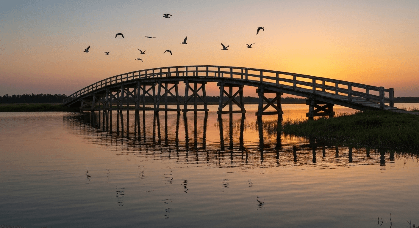 Bridge spanning calm waters at sunset. Bridge spanning calm waters at sunset.
