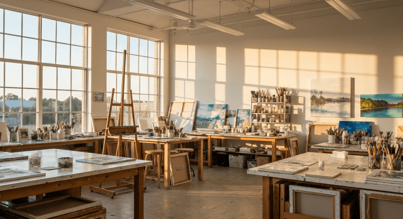Bright morning light illuminating art studio canvases. Bright morning light illuminating art studio canvases.