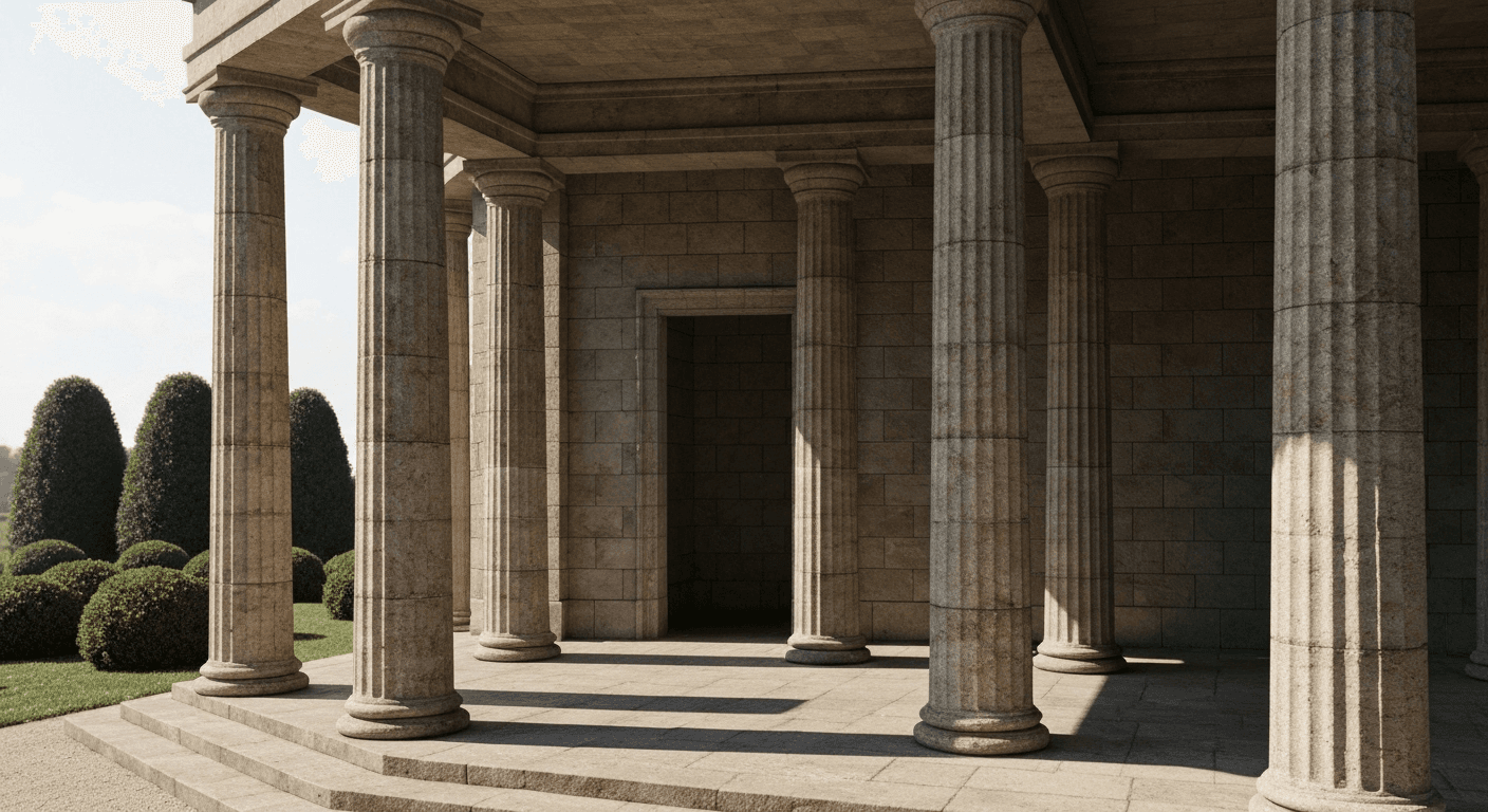 Classical stone building with strong columns casting shadows. Classical stone building with strong columns casting shadows.