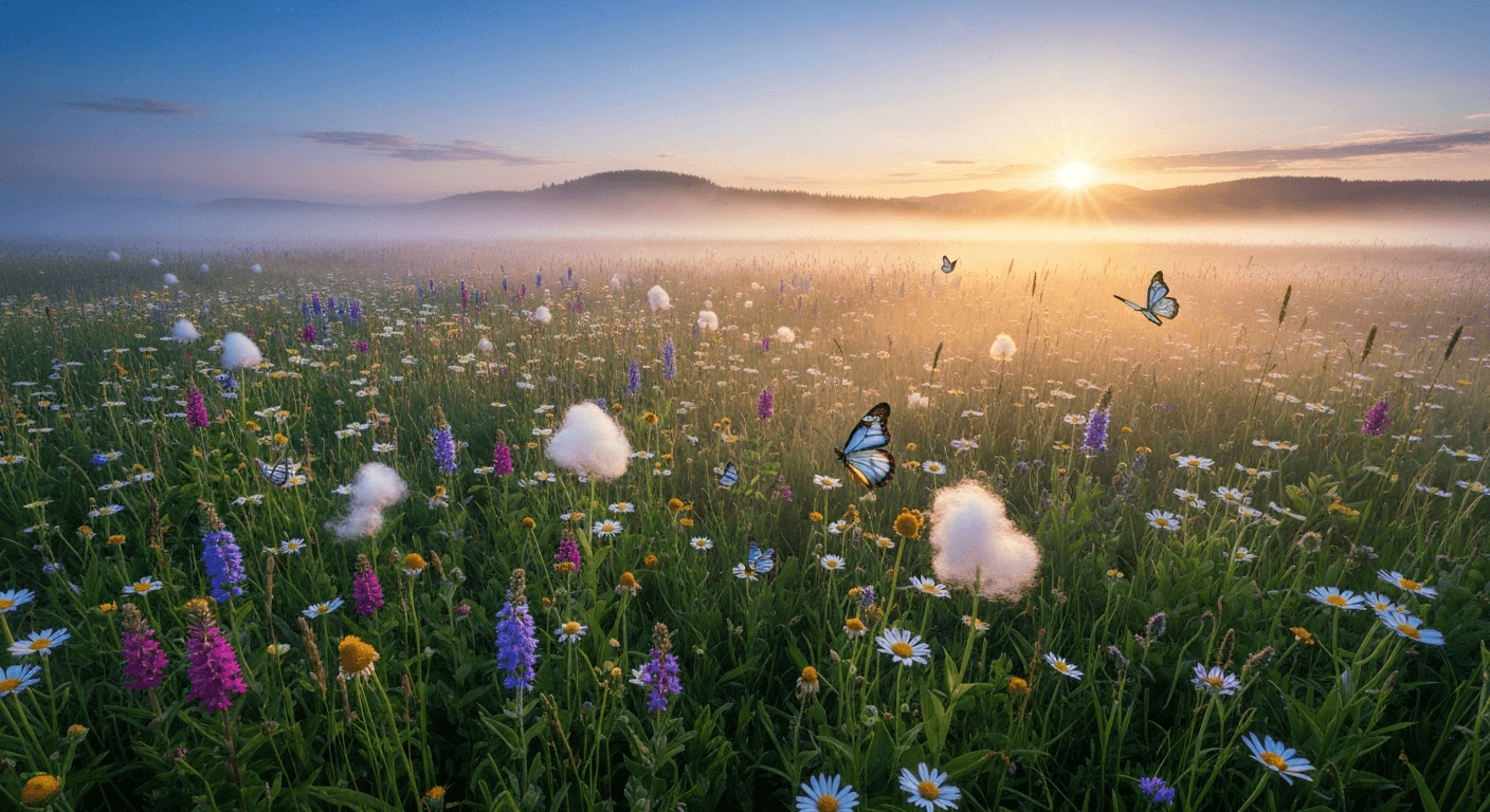 Colorful wildflower meadow at sunrise with butterflies. Colorful wildflower meadow at sunrise with butterflies.