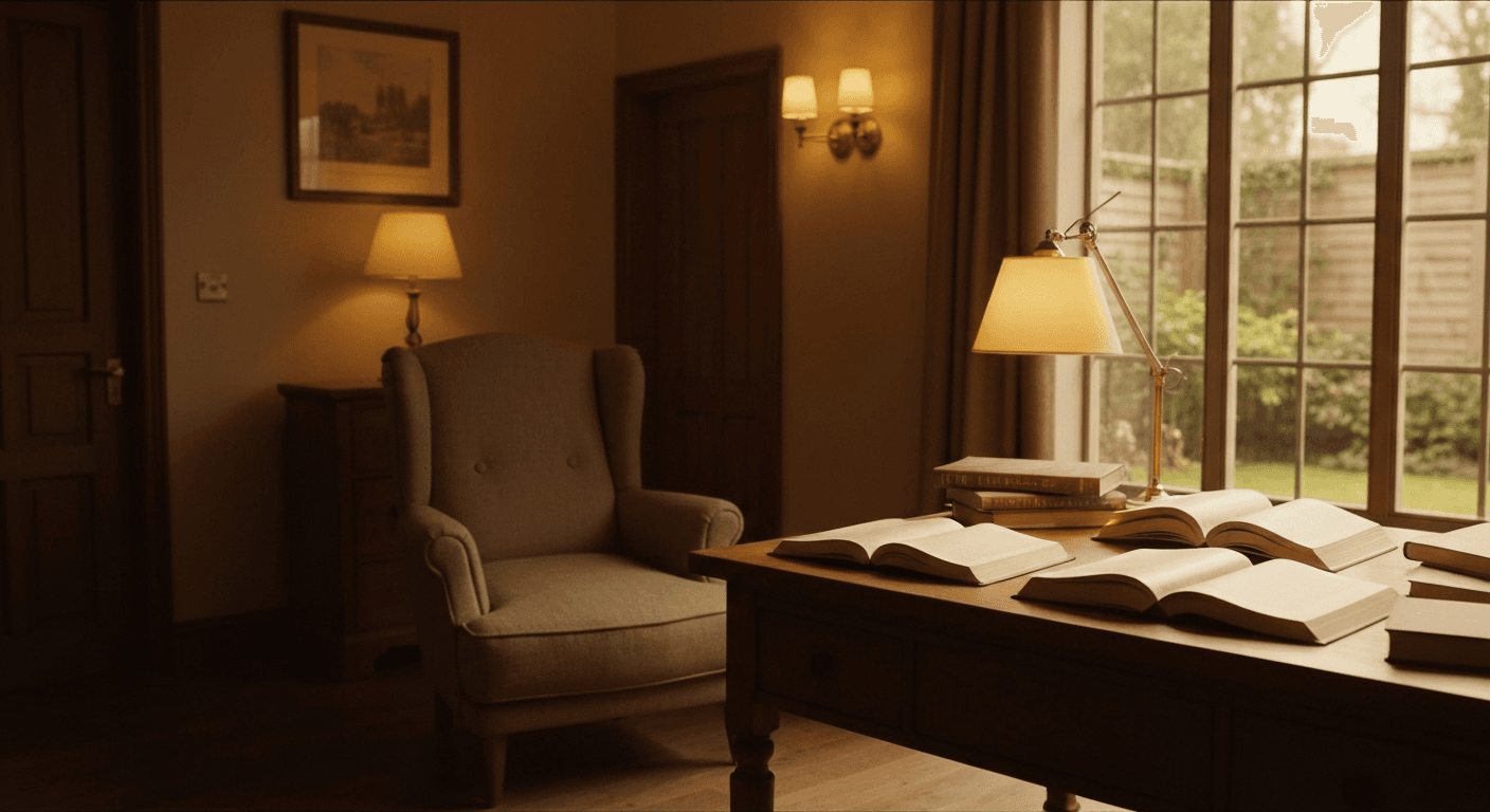 Cozy library with books on wooden desk. Cozy library with books on wooden desk.
