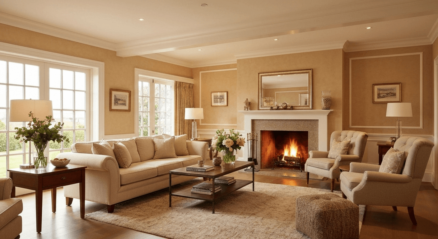 Cozy living room with golden lighting and photos. Cozy living room with golden lighting and photos.