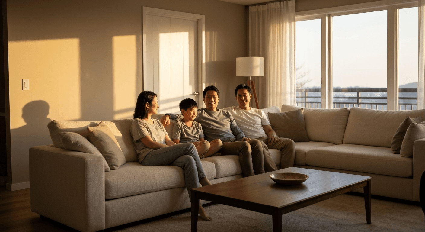 Family of four sitting in cozy living room. Family of four sitting in cozy living room.