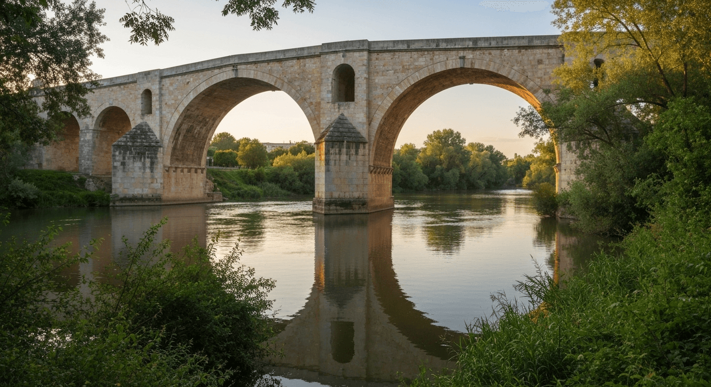 Golden hour ancient stone bridge over river. Golden hour ancient stone bridge over river.