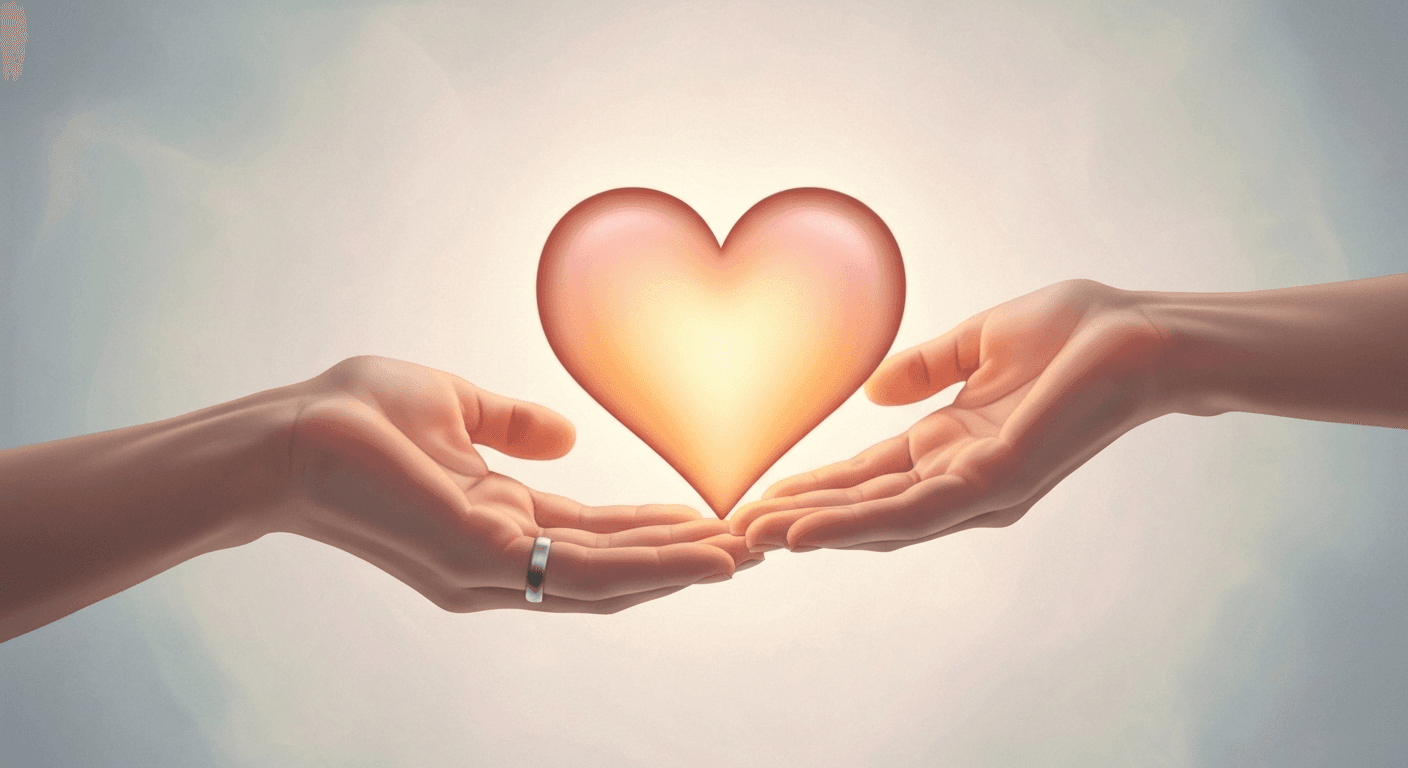 Hands cradling glowing heart, warm amber tones. Hands cradling glowing heart, warm amber tones.