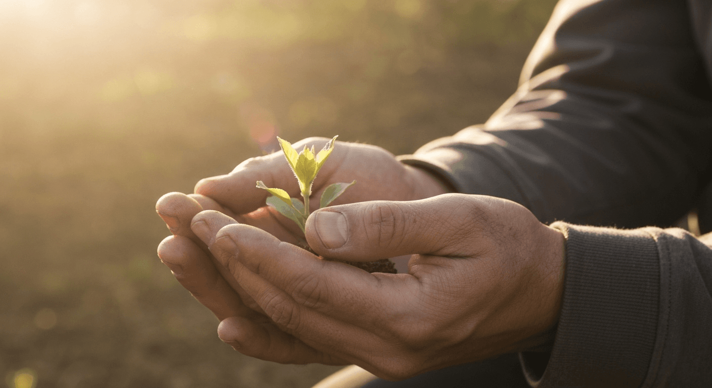 Hands gently cradling small plant in morning light. Hands gently cradling small plant in morning light.