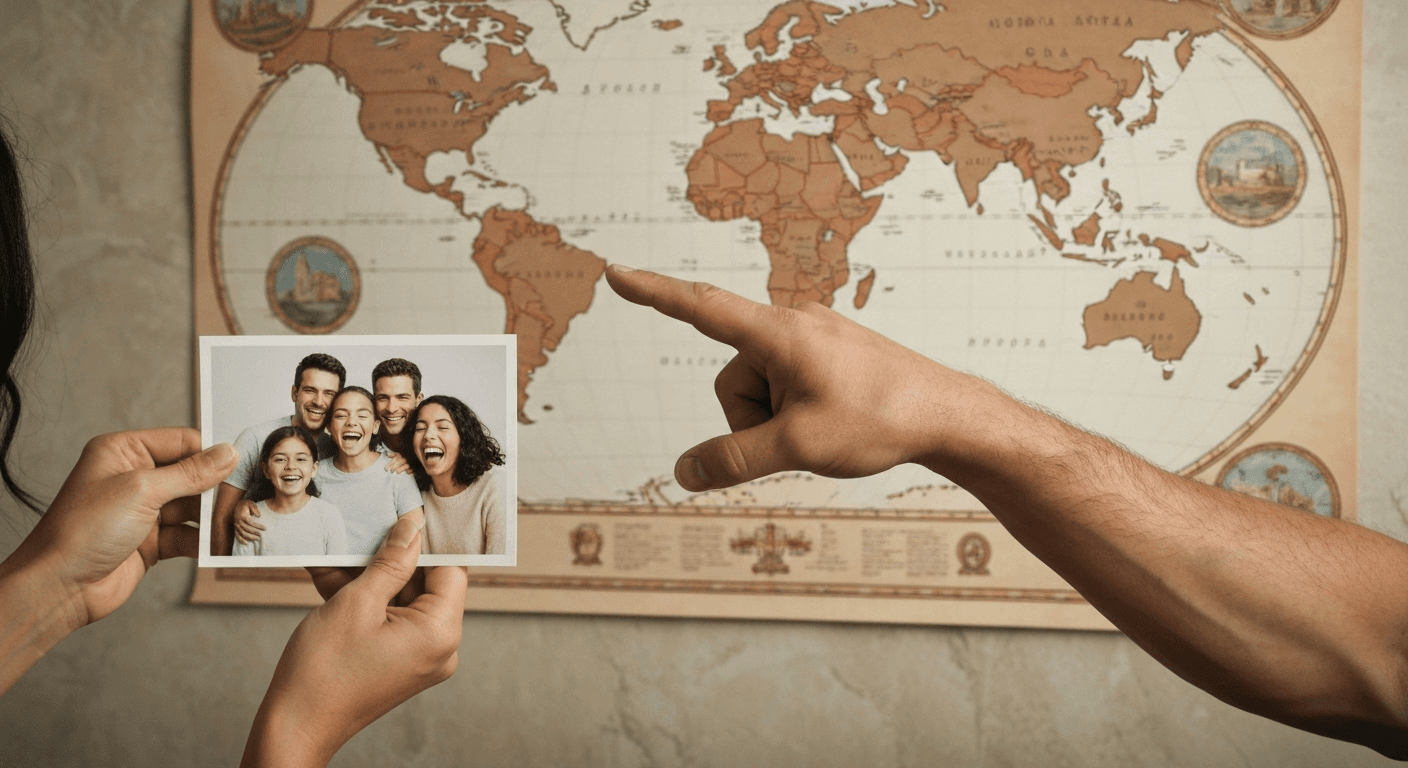 Hands holding family photo reaching toward map. Hands holding family photo reaching toward map.