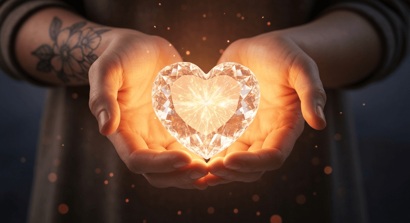 Hands holding glowing heart-shaped crystal in light. Hands holding glowing heart-shaped crystal in light.