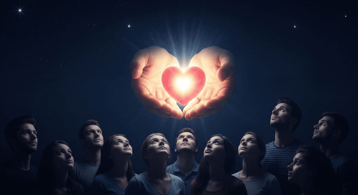 Hands holding glowing heart radiating light downward. Hands holding glowing heart radiating light downward.