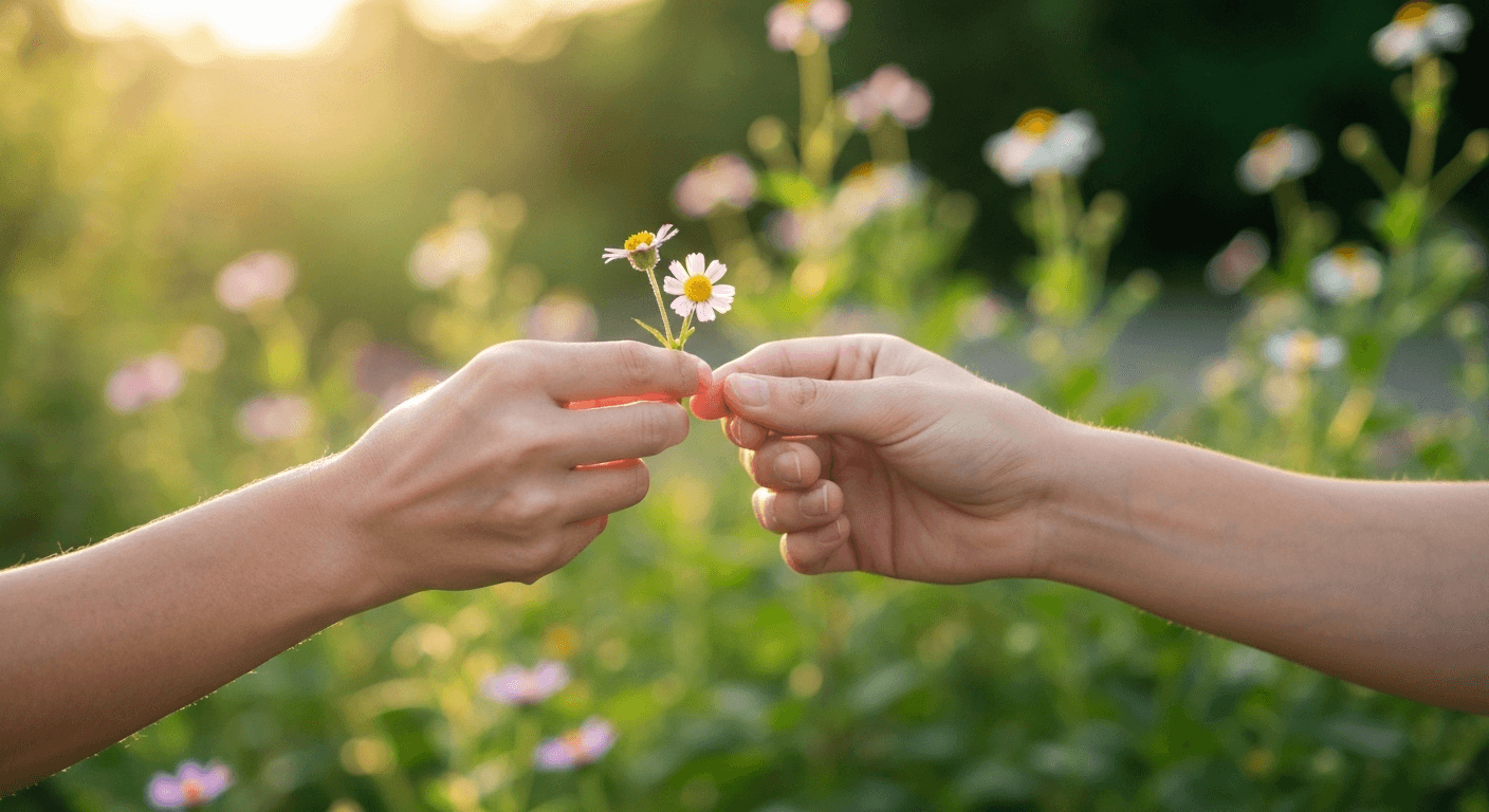Hands offering wildflower in golden natural setting. Hands offering wildflower in golden natural setting.
