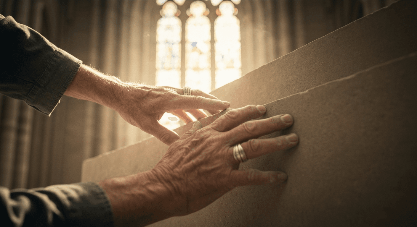 Hands placing final stone in cathedral structure. Hands placing final stone in cathedral structure.