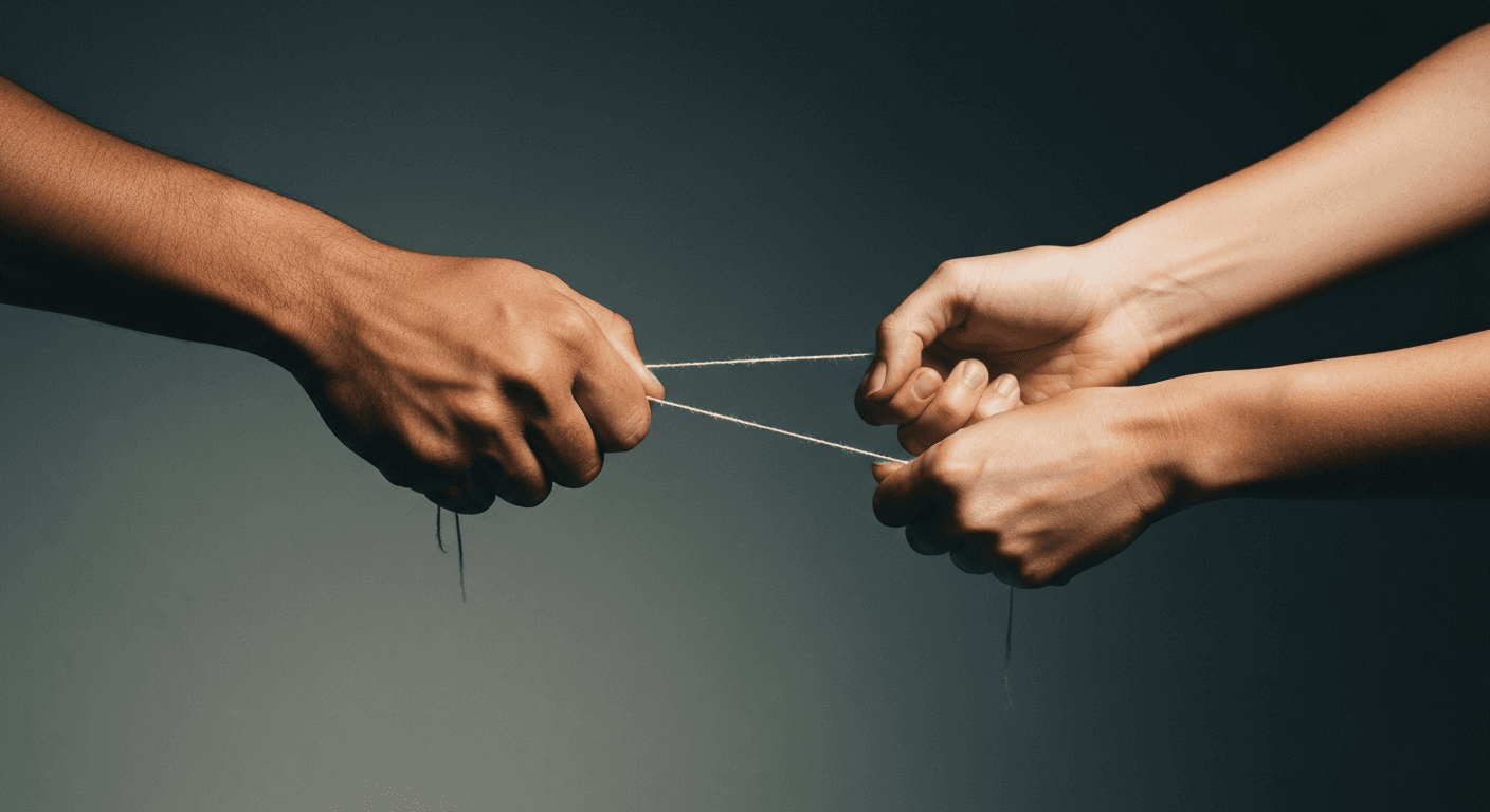 Hands pulled by invisible strings, internal conflict. Hands pulled by invisible strings, internal conflict.