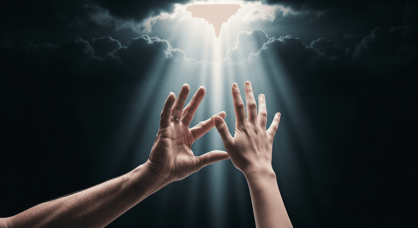 Hands reaching toward light through darkness. Hands reaching toward light through darkness.