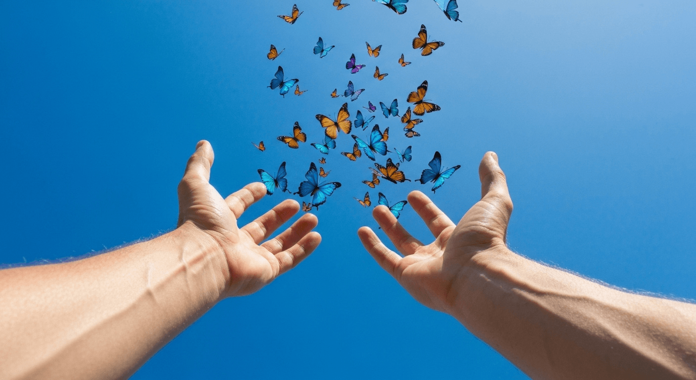 Hands releasing colorful butterflies into blue sky. Hands releasing colorful butterflies into blue sky.