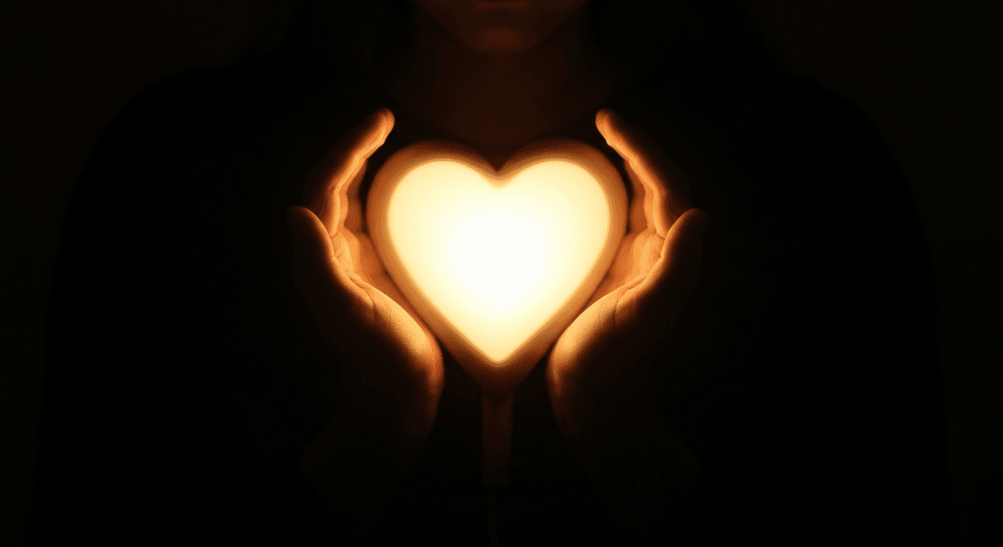 Heart-shaped light glowing in cupped hands softly. Heart-shaped light glowing in cupped hands softly.