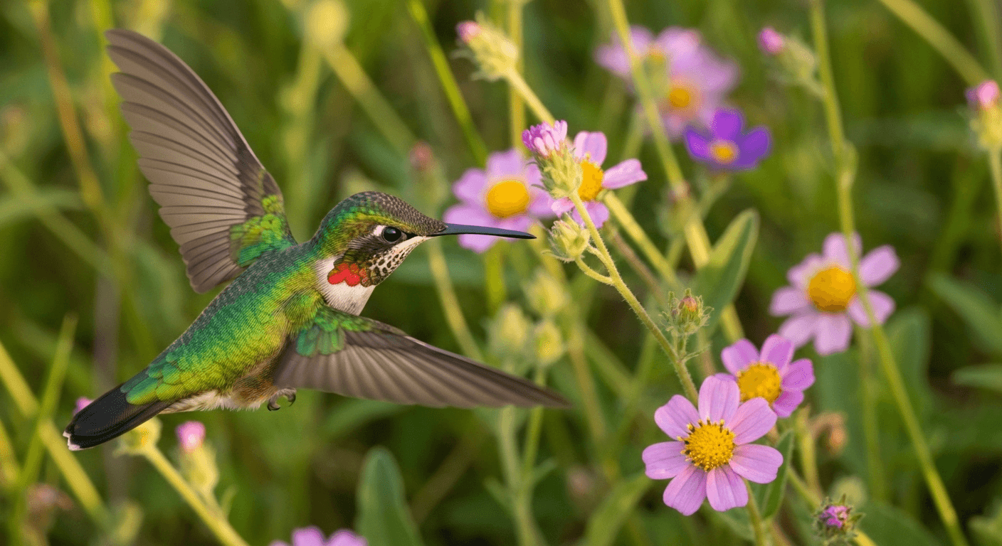 Hummingbird hovering between colorful wildflowers in meadow. Hummingbird hovering between colorful wildflowers in meadow.