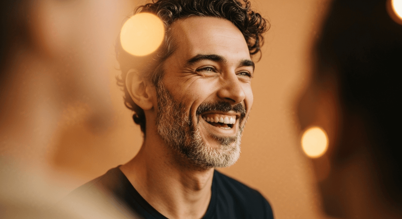 Joyful person laughing with warm golden bokeh. Joyful person laughing with warm golden bokeh.