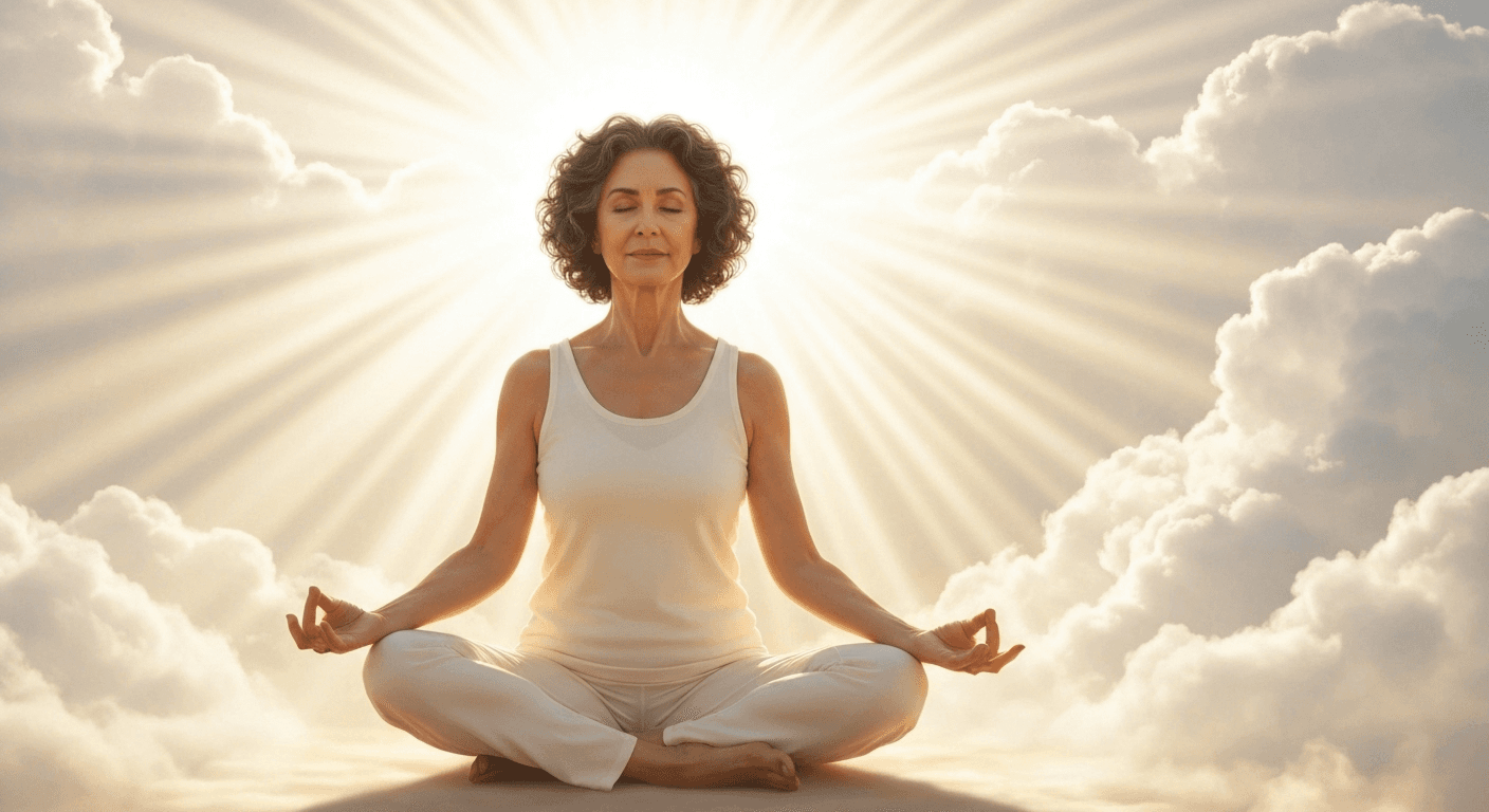 Luminous figure meditating in golden sunlight rays. Luminous figure meditating in golden sunlight rays.