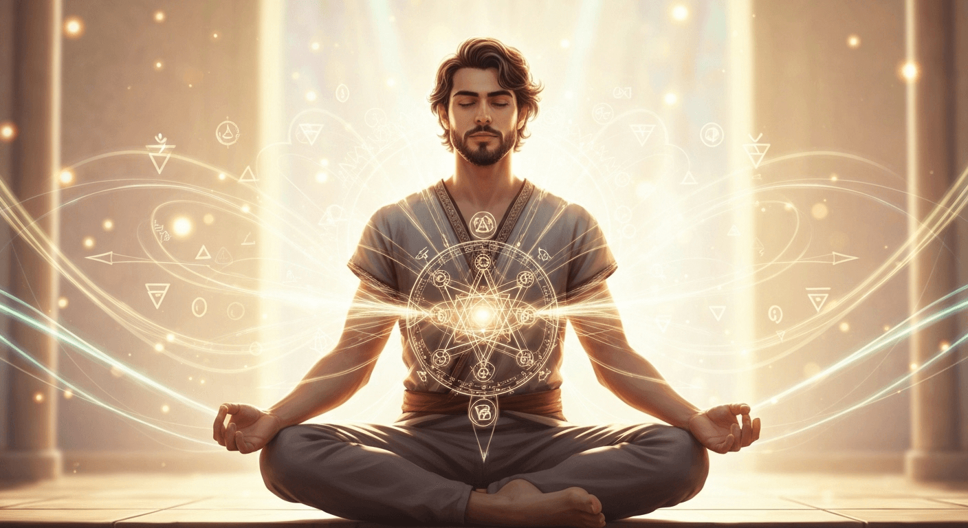 Meditating figure surrounded by golden energy patterns. Meditating figure surrounded by golden energy patterns.