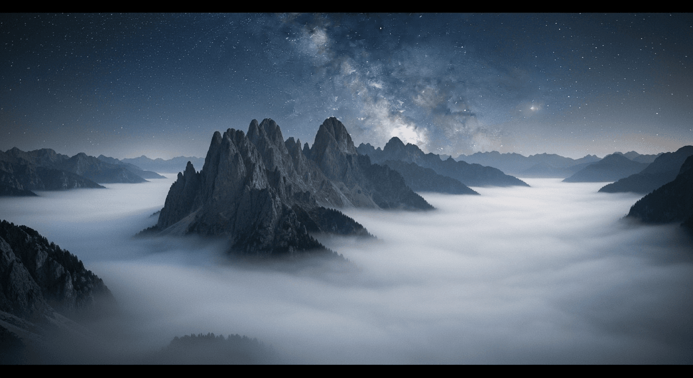 Mountain peaks shrouded in mist and starlight. Mountain peaks shrouded in mist and starlight.