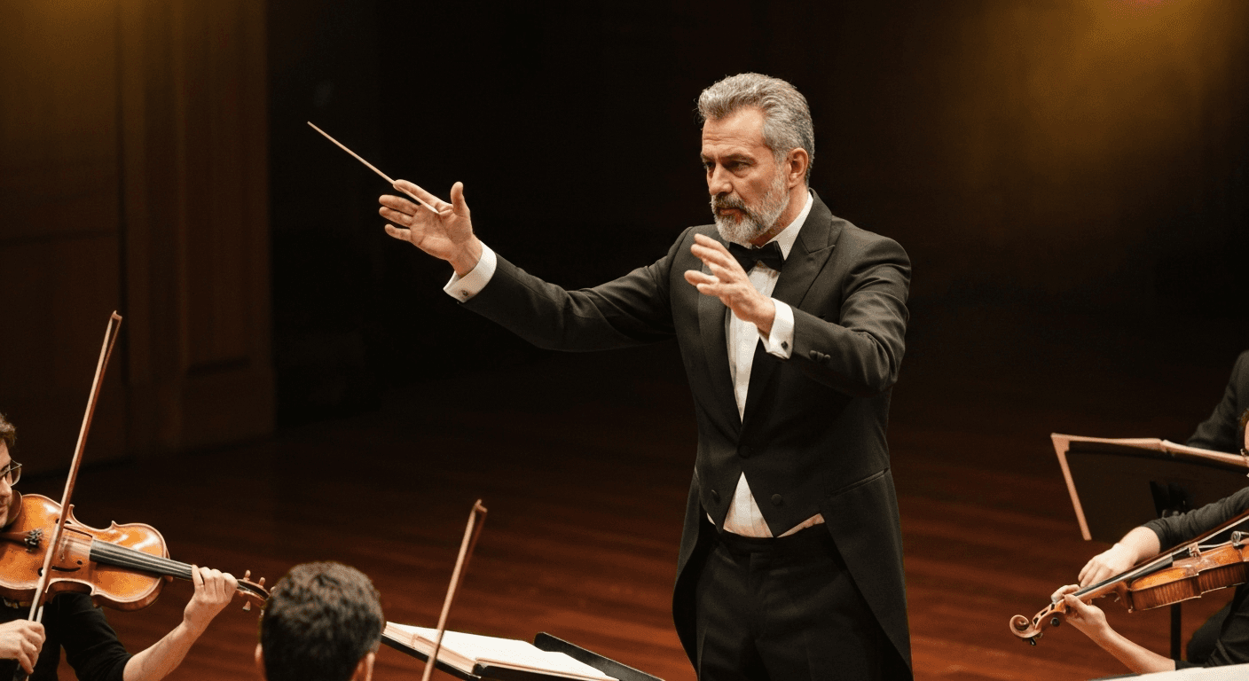 Musical conductor directing symphony with graceful hands. Musical conductor directing symphony with graceful hands.
