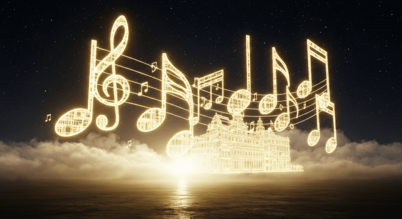 Musical notes transforming into architectural blueprints in golden light. Musical notes transforming into architectural blueprints in golden light.